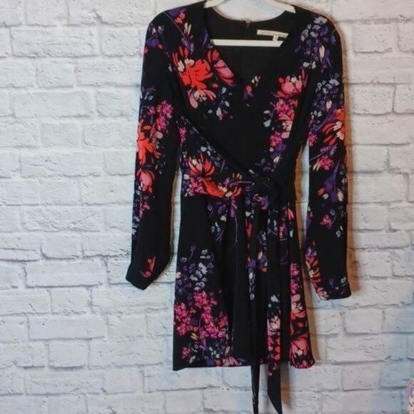 RACHEL ROY Floral Print Tie-Wrap Mini Long Sleeve Dress Size 4 - Picture 2 of 8